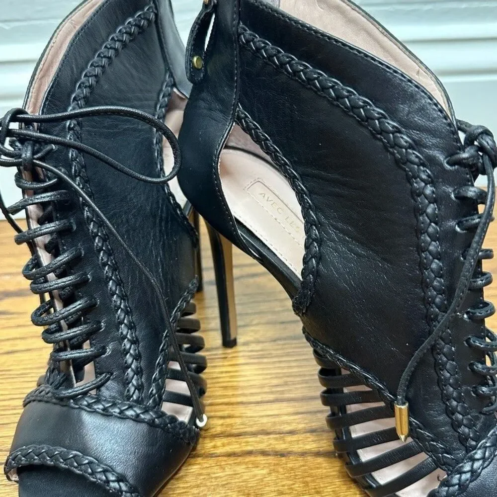 Avec Les Filles Joyce Black‎ Leather Lace Up Bootie Heel Size 7.5M